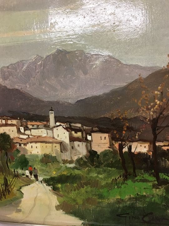 油絵肉筆画 イタリアの画家カンパリ 額縁付き銀色50センチ×43センチ