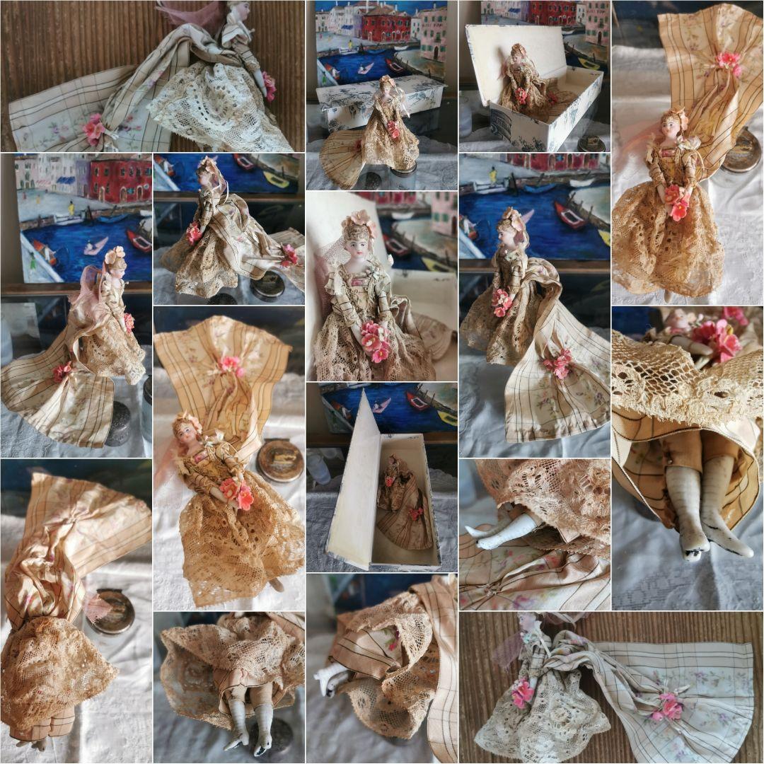 アンティークドイツ 美しい花嫁ミレットビスクドール 薔薇絹ほぐし織り