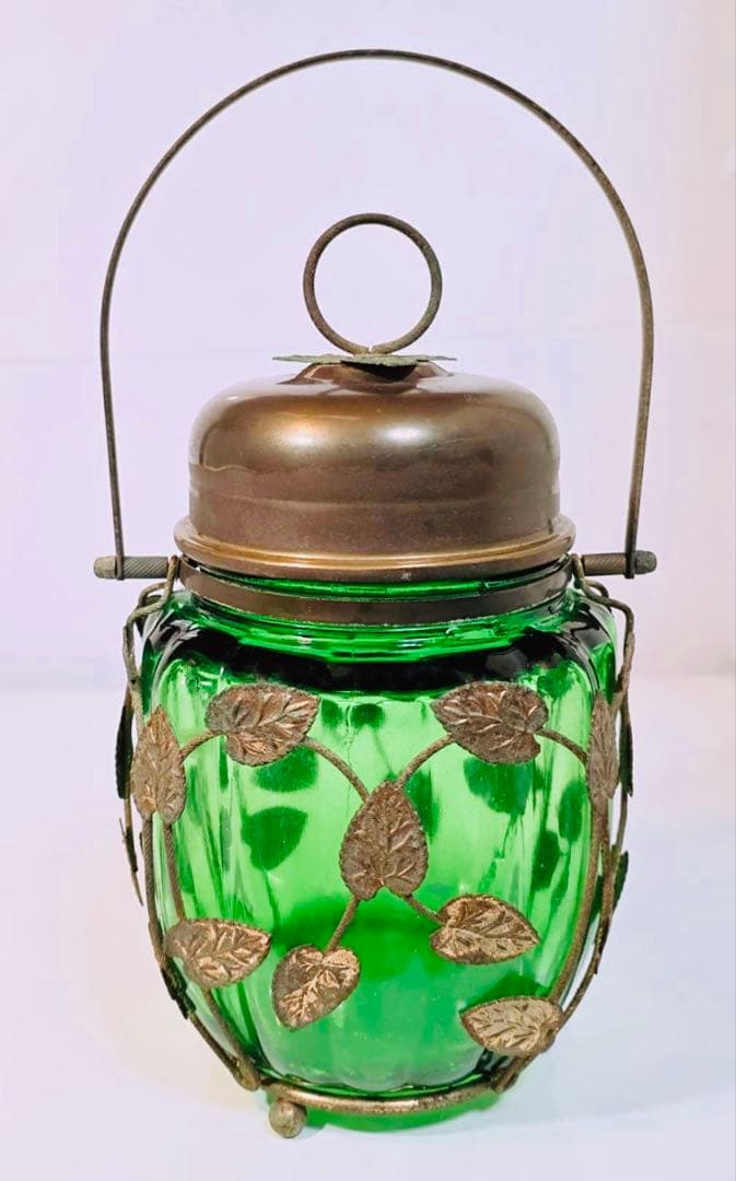 1964年製オルゴール昭和レトロ真鍮キャンディ緑ガラスポット雑貨