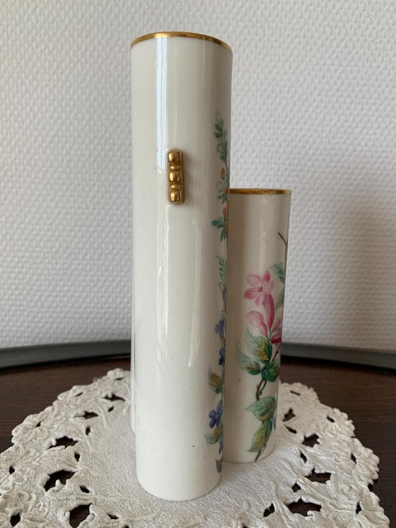 ✨特別価格✨ロイヤルウースター金彩耳付き花鳥文様3連管の花瓶 英国