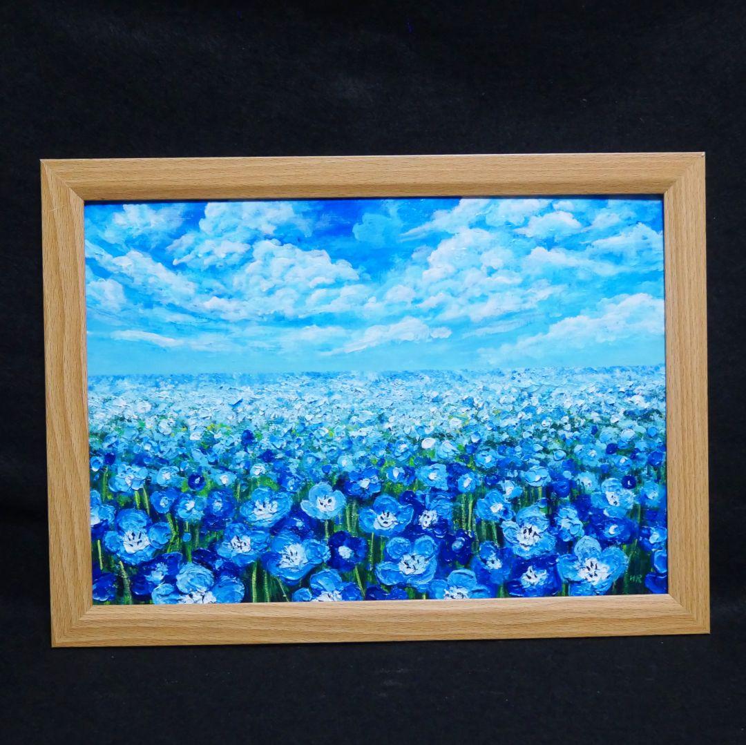 油絵 油彩 油彩画 絵画 絵【空と雲のネモフィラ】