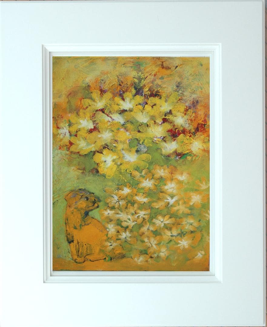 油絵 菅家令子 絵 絵画インテリア額付(青緑＋金色の枠) uF6-050220犬