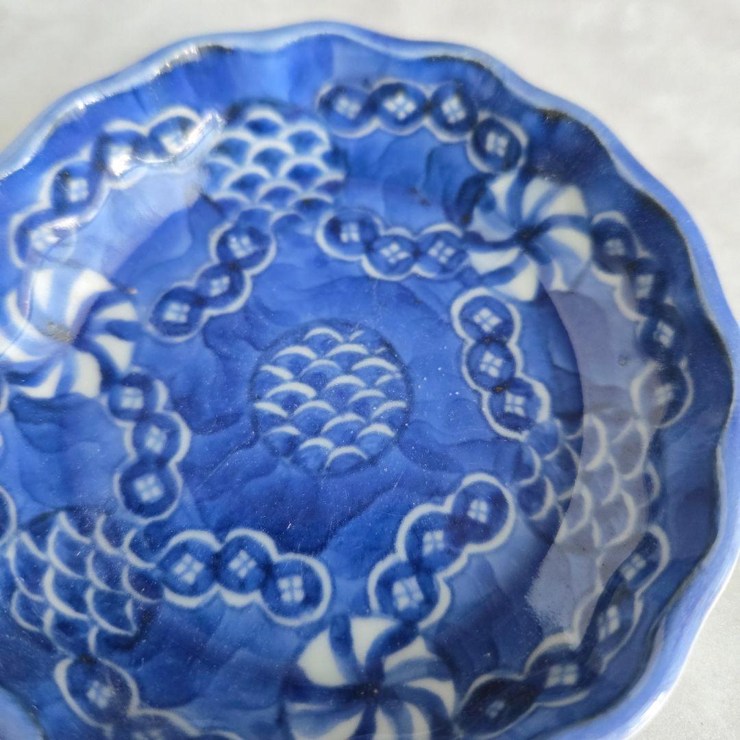 古伊万里　染付　豆皿　小皿　七宝繋ぎ　江戸時代　骨董　金継ぎ　アンティーク