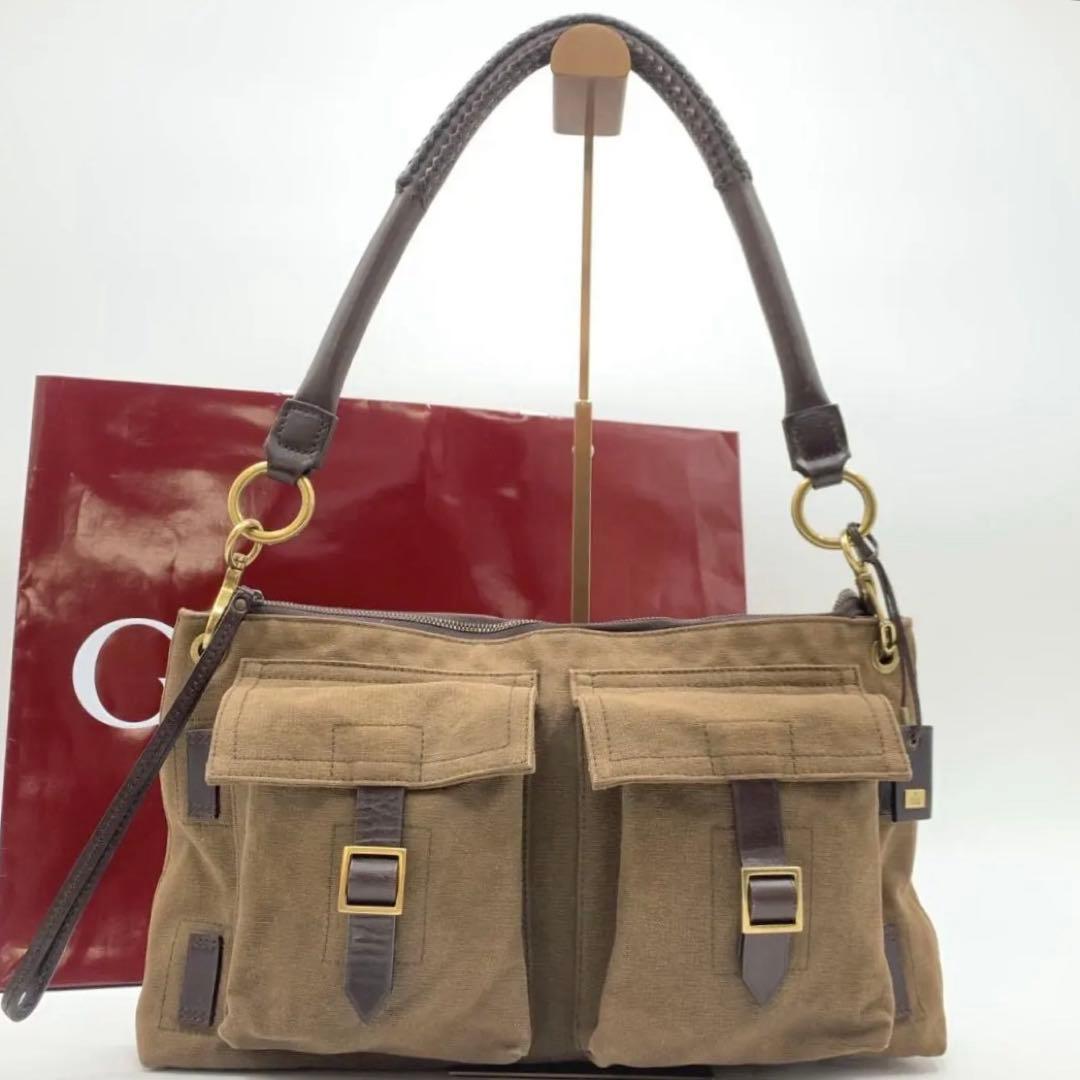 オールドグッチ ショルダーバッグ ハンドバック 真鍮色 キャンバス レザー