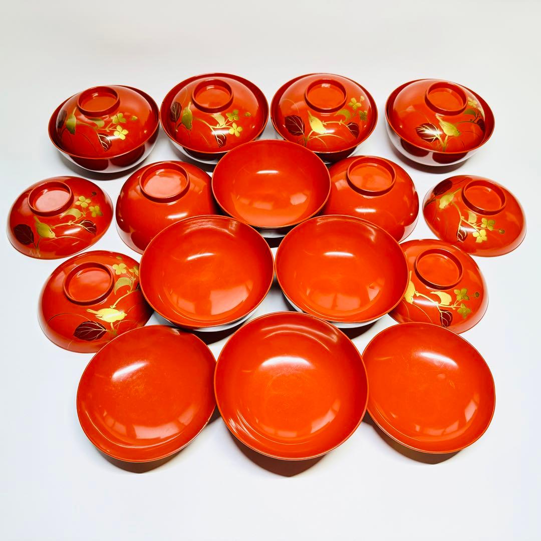 漆器　輪島塗　金蒔絵　鳥花絵　木製　朱　蓋付椀　お煮物椀　吸物椀　10客　骨董品