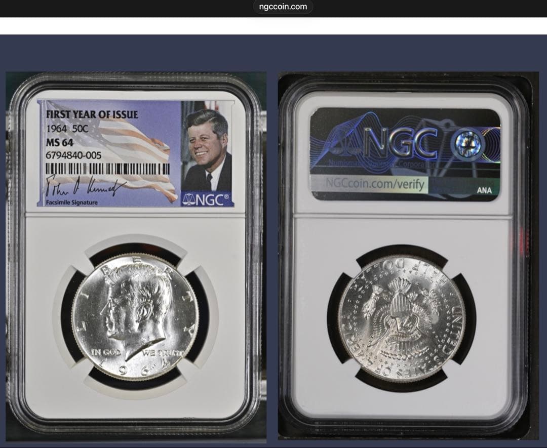 1964年 ケネディ ハーフダラー 銀貨 NGC MS64 FIRST YEAR