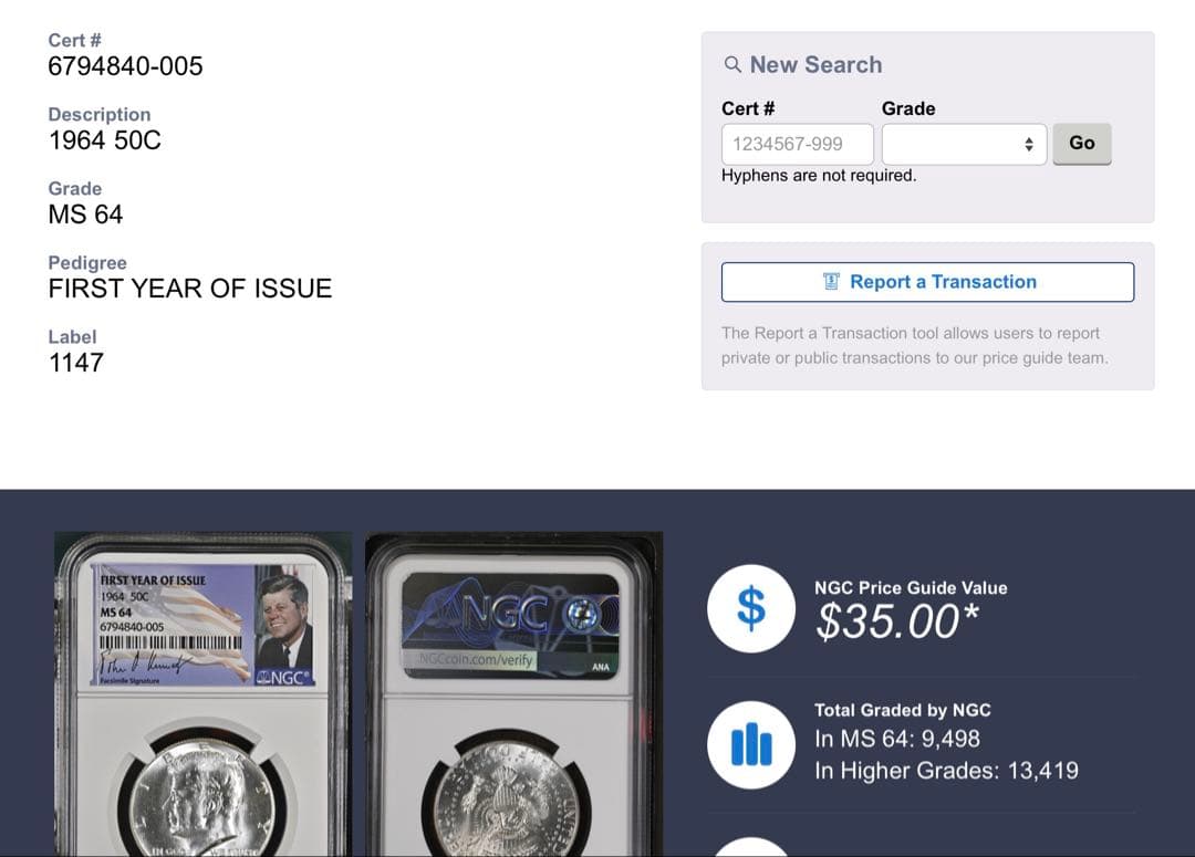 1964年 ケネディ ハーフダラー 銀貨 NGC MS64 FIRST YEAR