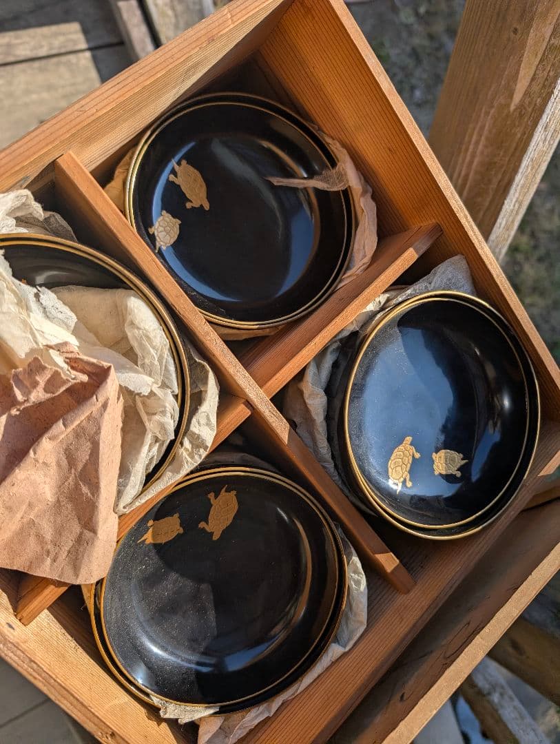 明治時代 輪島塗 金蒔絵 椀 2客 鶴亀 お正月用 木製 汁椀 菓子椀 漆器