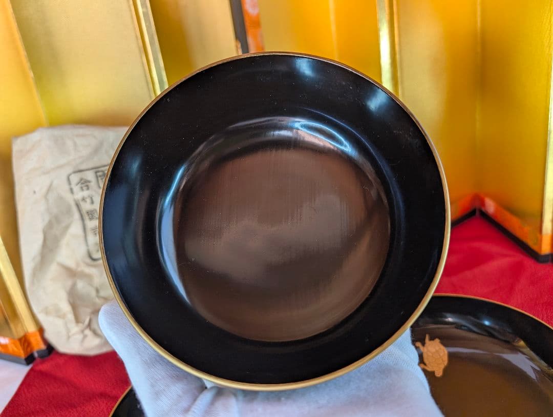 明治時代 輪島塗 金蒔絵 椀 2客 鶴亀 お正月用 木製 汁椀 菓子椀 漆器