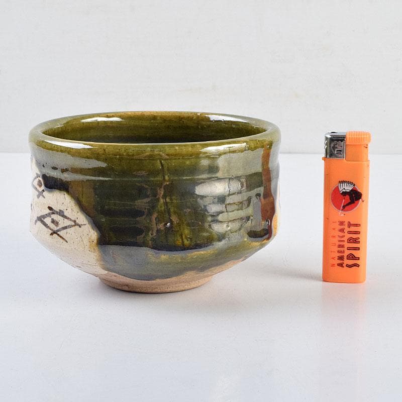 北大路魯山人作 織部焼 青織部 茶碗 黒田陶々庵極め箱 M R9447