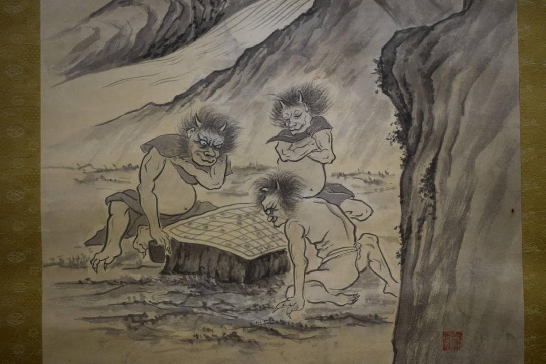 不詳/作者不詳/山水鐘馗に鬼図/将棋図/布袋屋掛軸HI-300