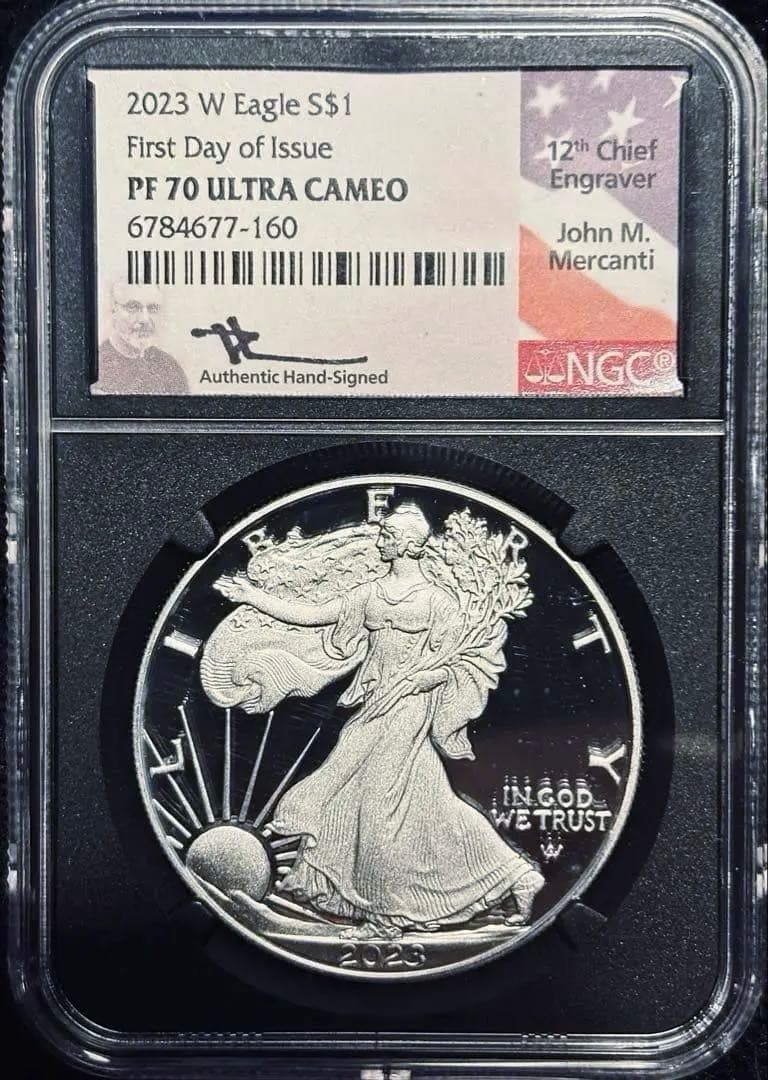 【最高鑑定・初版】2023 アメリカ イーグル銀貨 PF70 メルカンティサイン 最高鑑定・初日発行版】2023 アメリカ W イーグル銀貨 PF70 メル