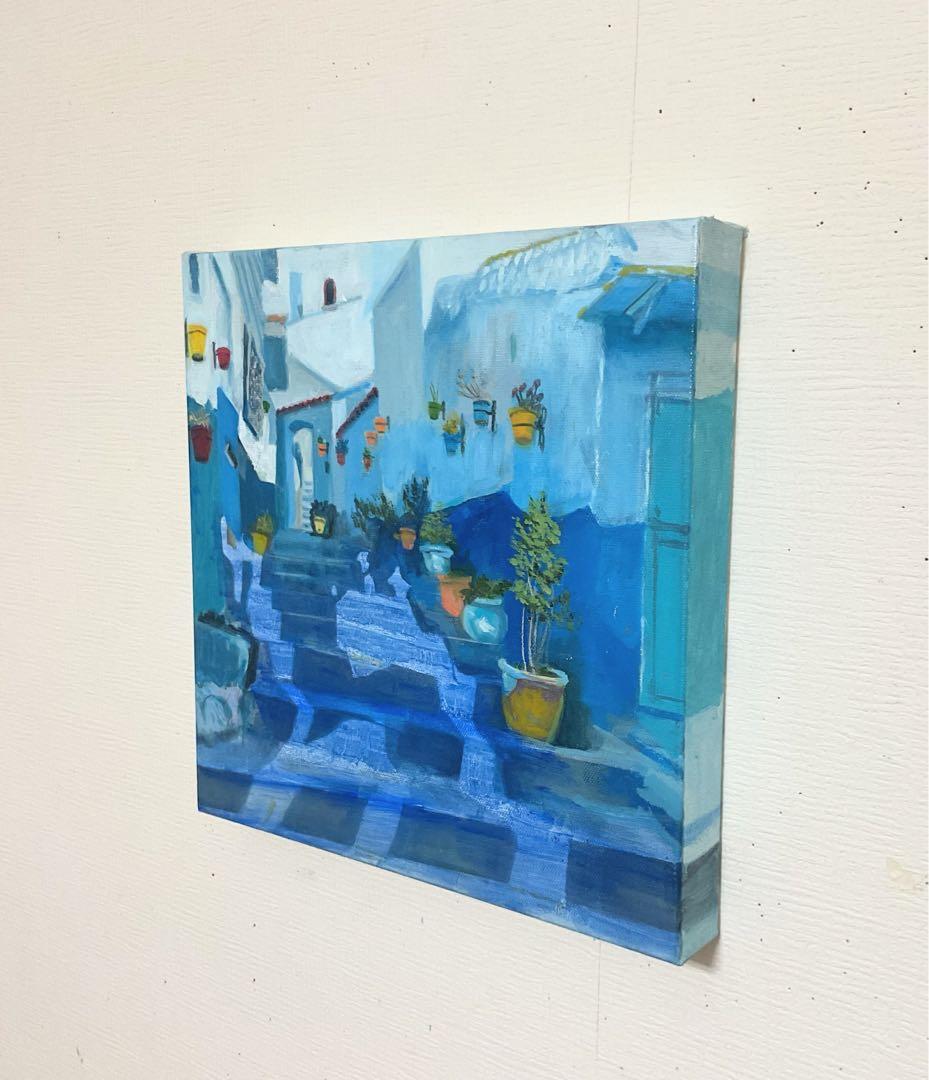油彩画　「　空色の街　」　3Dキャンパス