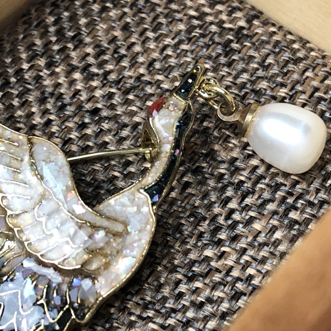 本真珠 ブローチ パール 貝シェル 鶴 手芸 共箱