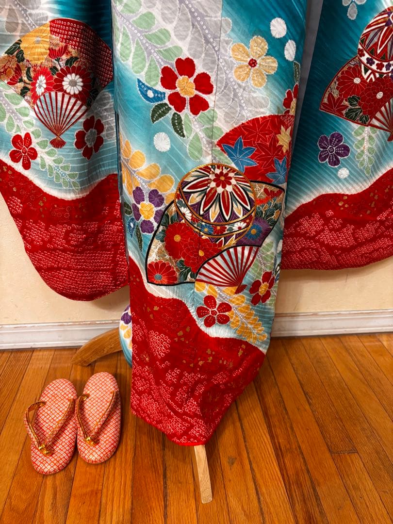 七五三七歳‼正絹豪華辻ヶ花風絢爛❤️手毬扇金彩金箔絞り煌びやか際立つ完全フルセット