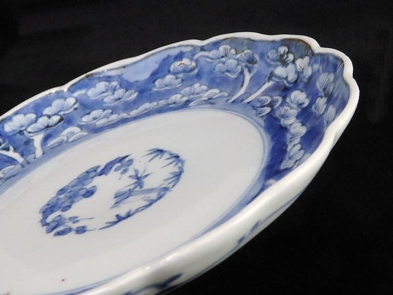 古伊万里　染付　松林に松竹梅の図　６寸半皿　C743AS-BQy