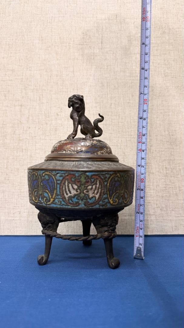 極上装飾】景泰藍（七宝）獅子蓋香炉｜古銅＋七宝細工｜幅13×高さ21cm
