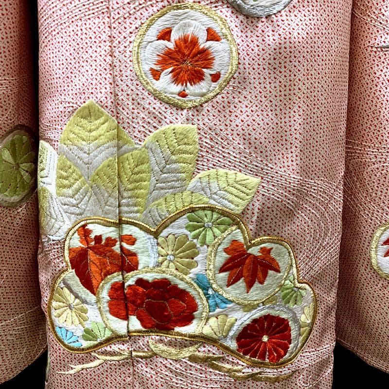 511ag14□七五三 七歳 女児 着物&袋帯 総刺繍 松 丸文 オフホワイト□