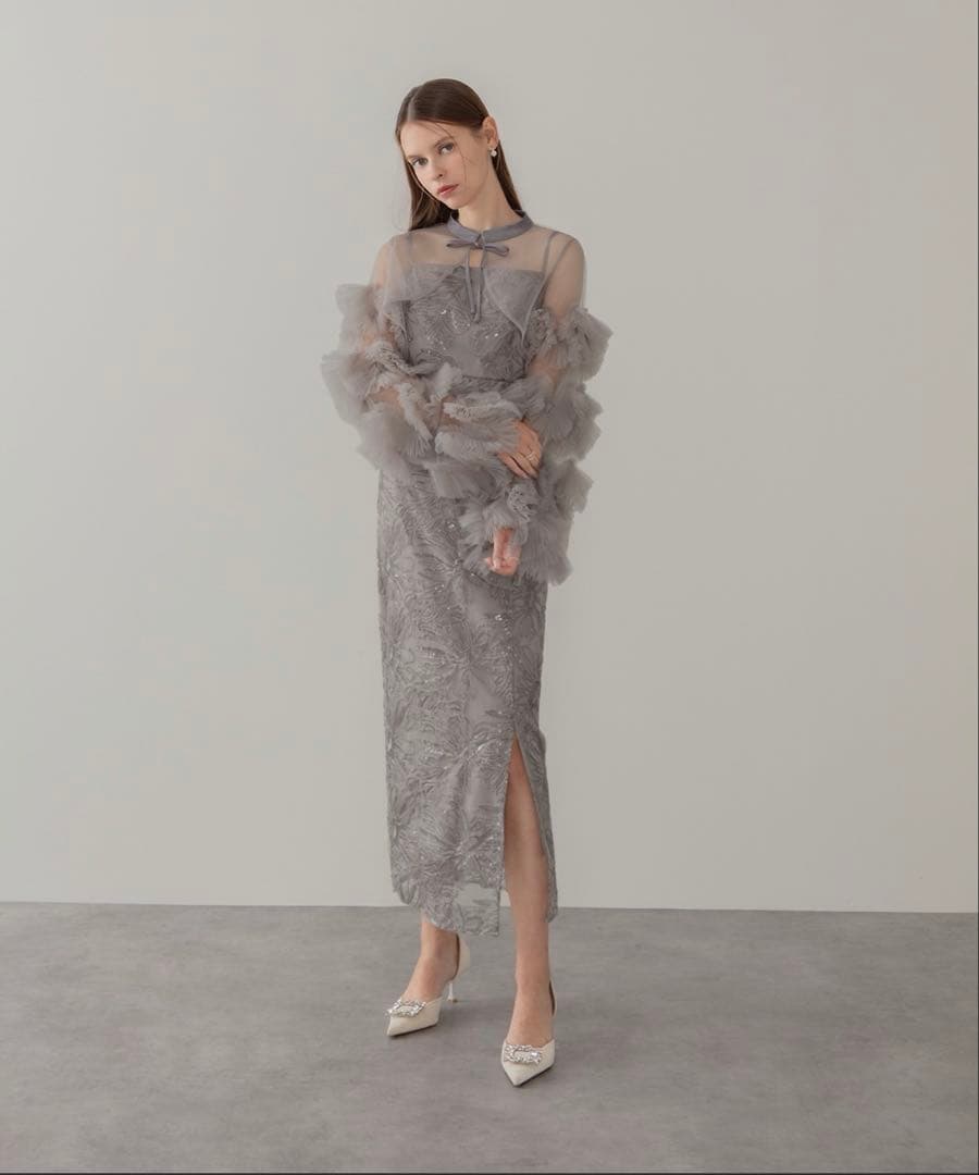 フリルチュールスリーブリボンIラインワンピースドレス