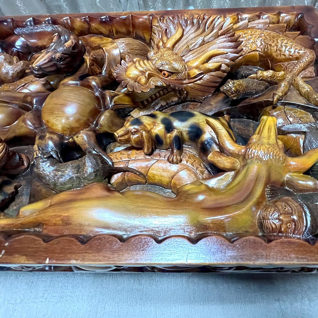 希少 送料込】中国美術 干支 彫刻 木彫 テーブル アンティーク ガラス