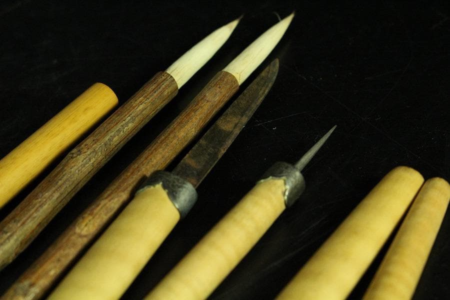 木地 彩色波絵舟硯 小物揃 菊絵 板文庫(K-XA943)