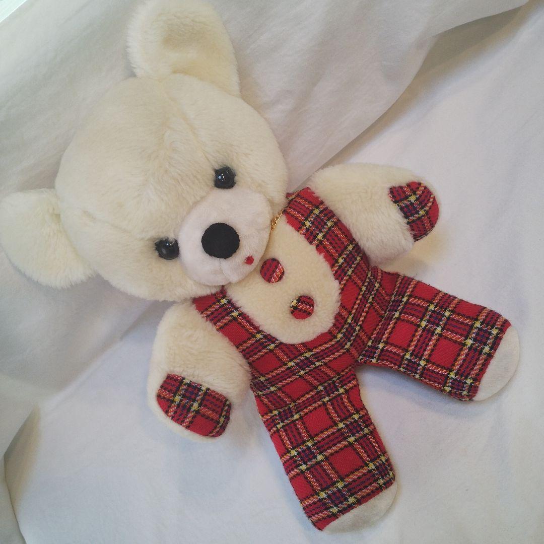昭和レトロ】クリーム色のチェック柄 くまのぬいぐるみ