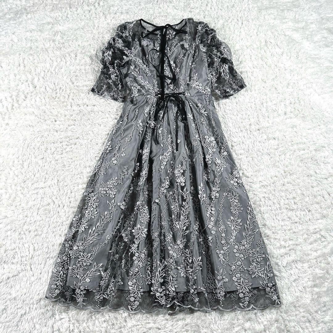 【大きいサイズ LL】　haremode　刺繍レース バックリボンドレス　黒