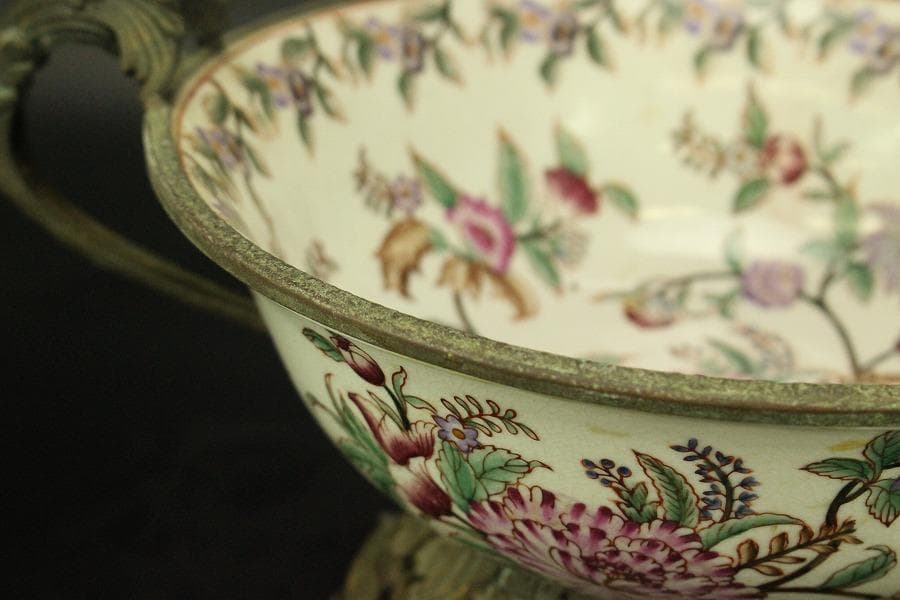 中国美術 色絵 ブロンズ 台 耳付 碗 34.3cmx24cm(LC603)