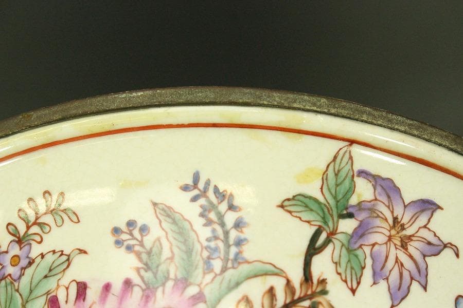 中国美術 色絵 ブロンズ 台 耳付 碗 34.3cmx24cm(LC603)