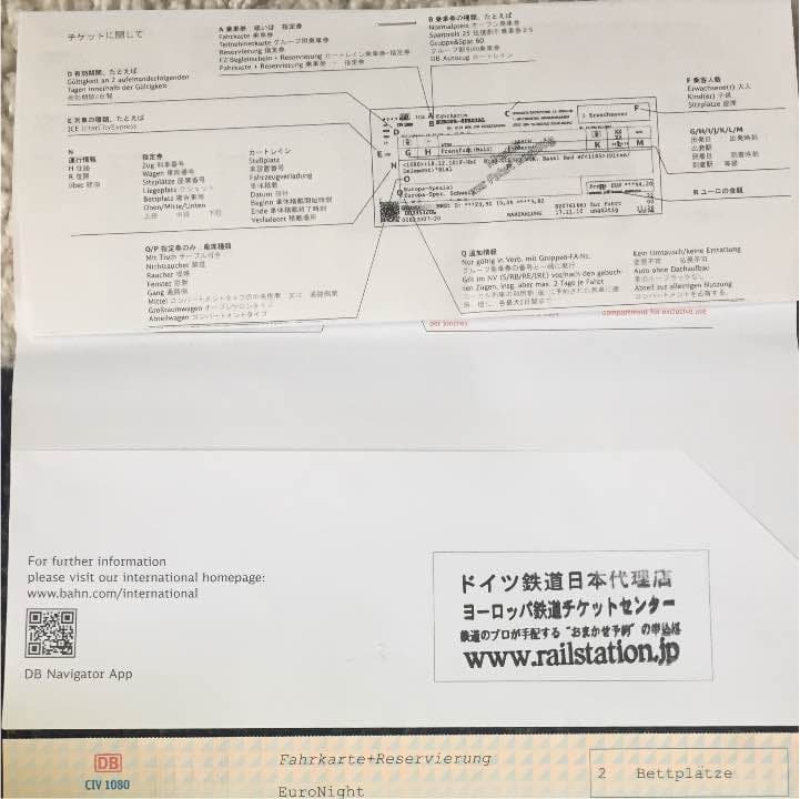 鉄道チケット チューリヒ(スイス)→ウィーン(オーストリア)