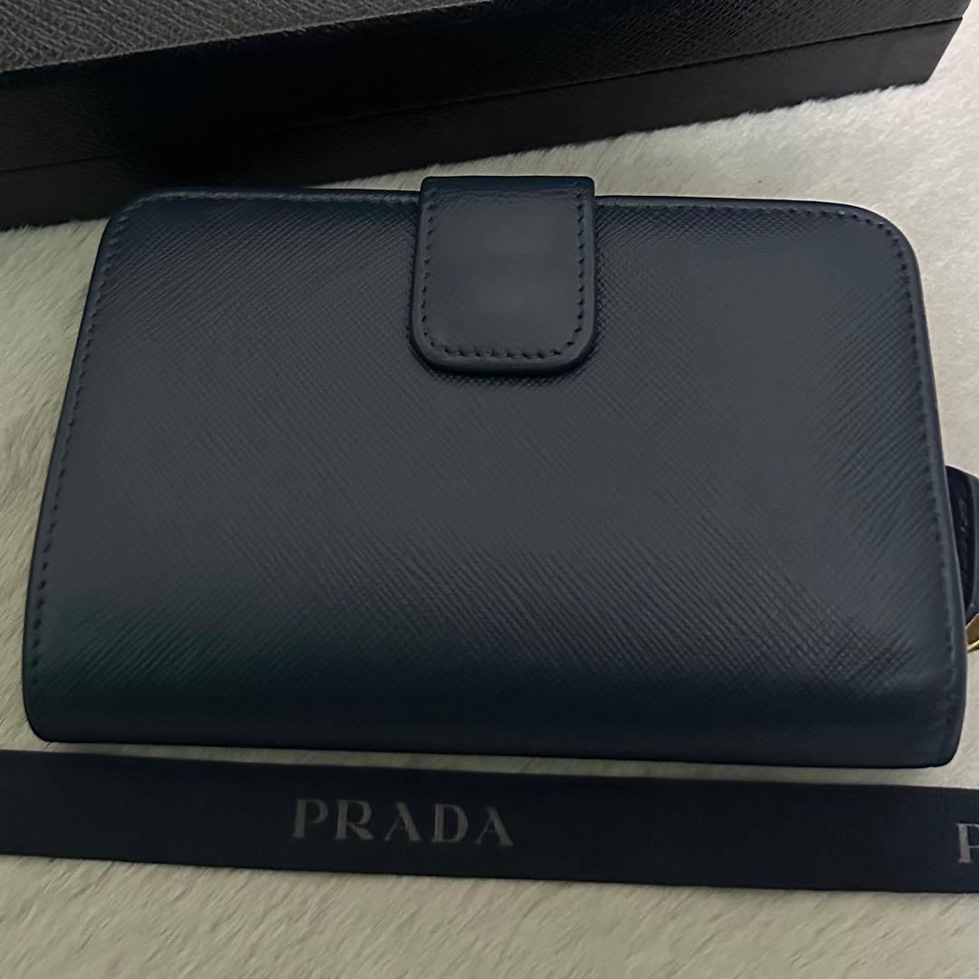 PRADA プラダ 折り財布 ゴールドロゴ ブルー ラウンドファスナー