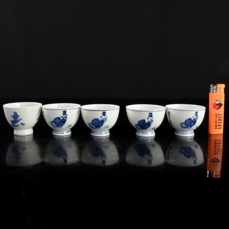 京焼 平安 輝山造 松泉造 染付 漢詩文 煎茶碗 5客まとめ