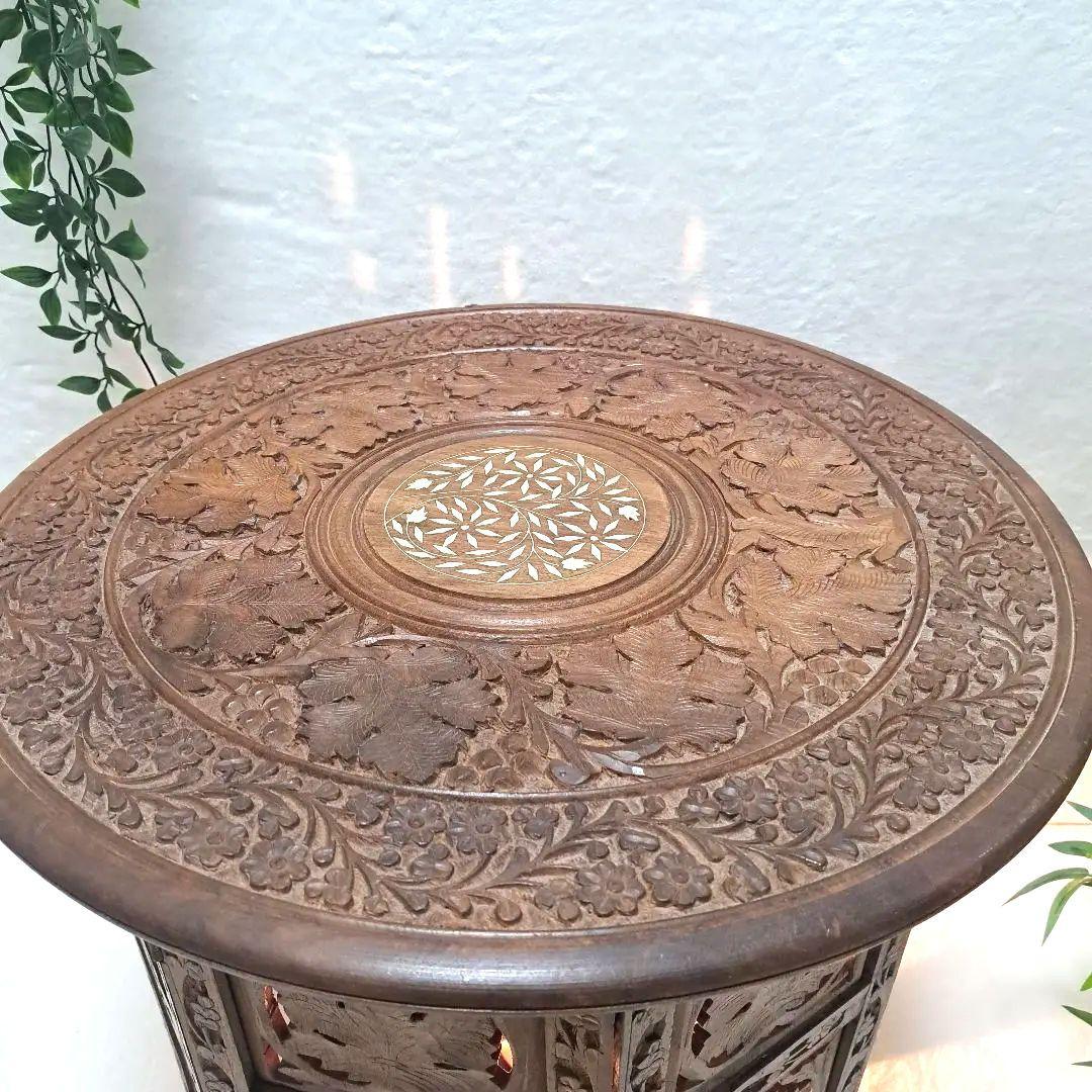 手彫り 木製 サイドテーブル 花台 八角形