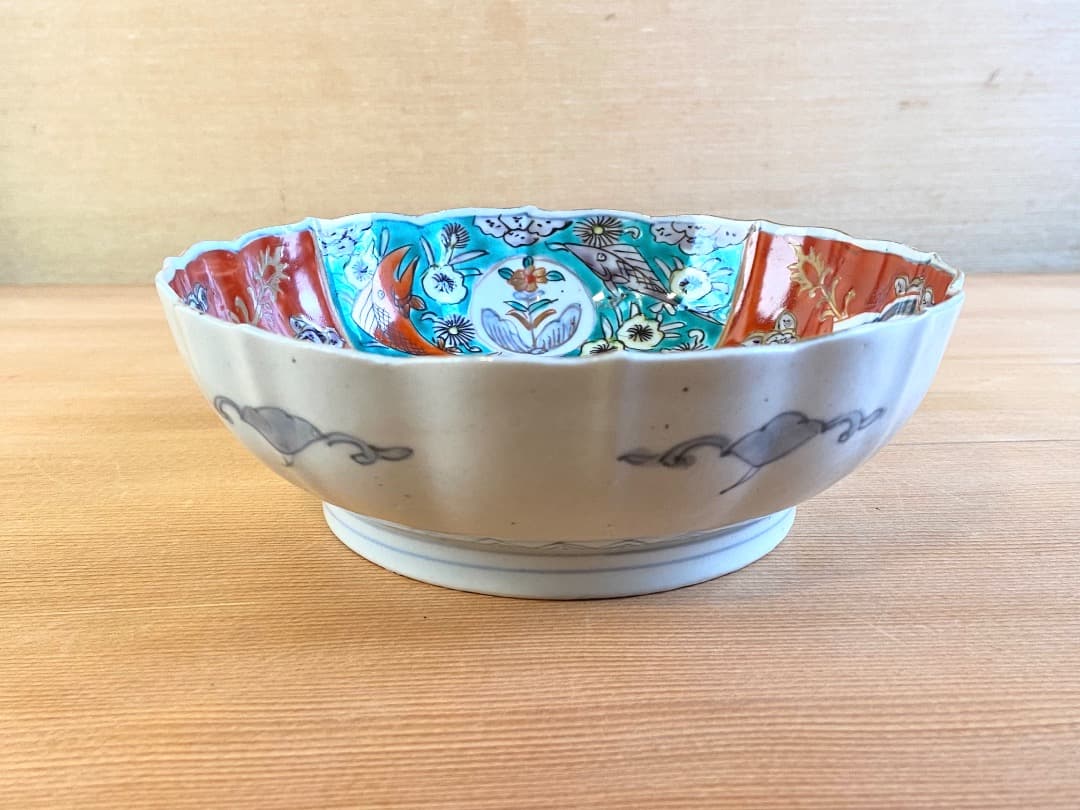 能登蔵出し 古伊万里 色絵金彩 魚窓絵文 大膾皿 /輪花皿 深皿 膾皿