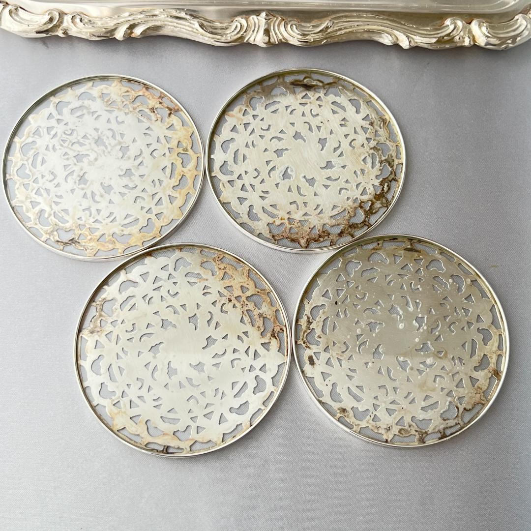 【WEBSTER】 【純銀 / ガラス】コースター 4枚 スターリングシルバー