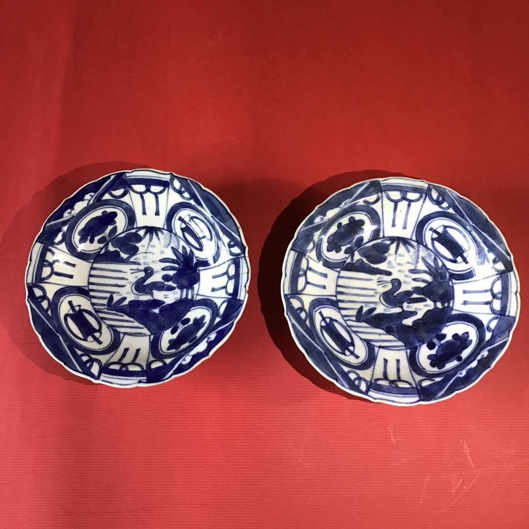 古伊万里　芙蓉手　皿　江戸前期保証2客　　B I 専用ページ】【本物保証❗】江戸前期 初期伊万里 芙蓉手花鳥図輪花皿