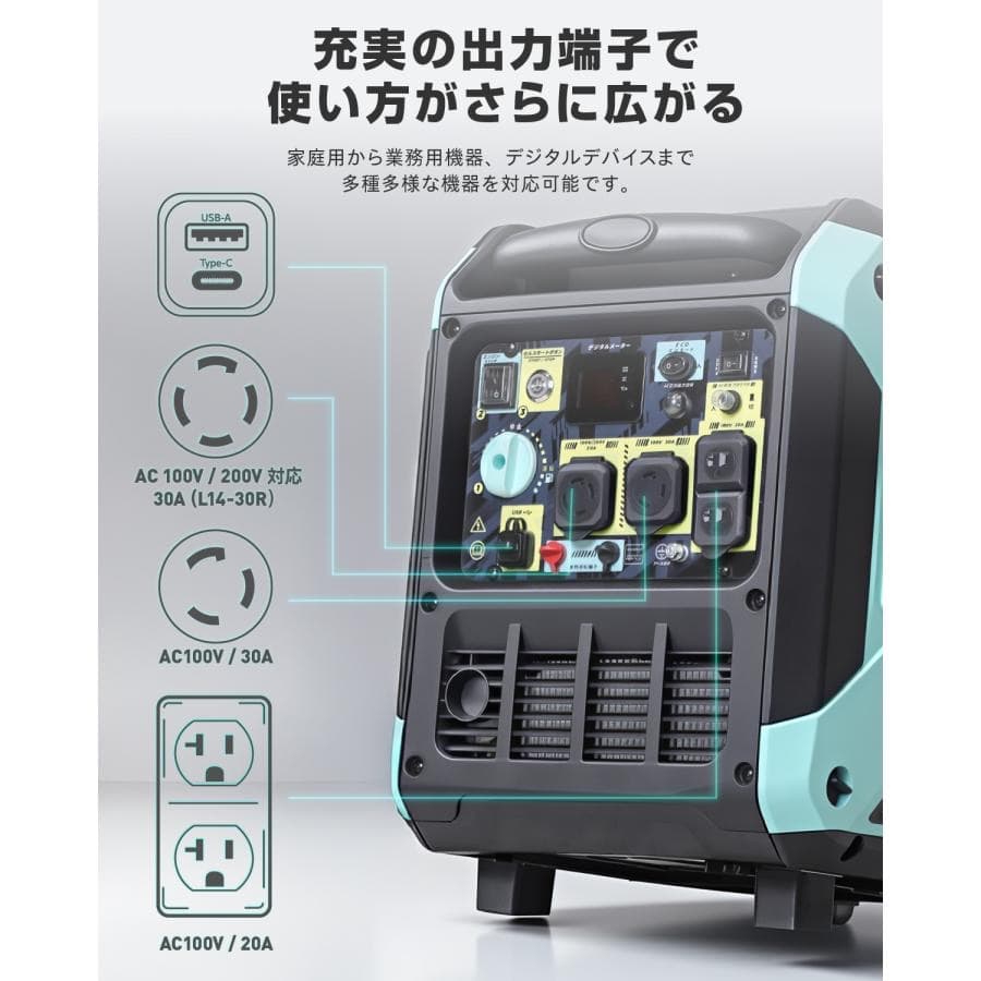 インバーター発電機 200V 単相ガソリン 5.2kVA リモコン始動 大型ド