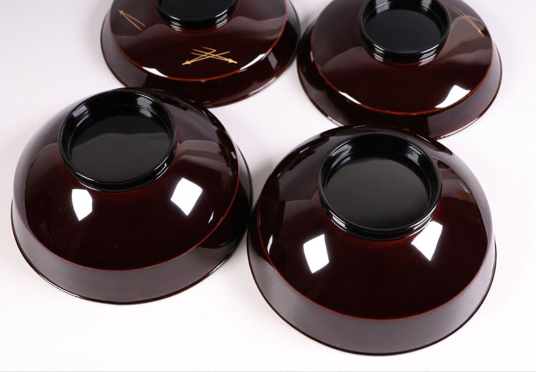 【CM378】大正期 月と松 飛翔鶴 金蒔絵 欅地溜塗 黒塗 椀二客 木製漆器