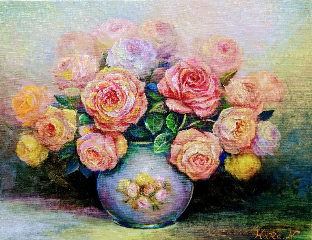 ☆画家haru☆油彩画F6号薔薇☆真作、原画、一点物。