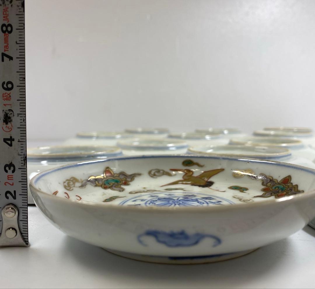 古伊万里　染錦小皿14枚　木箱付　直径約12㎝東Y7-0312④タトニ