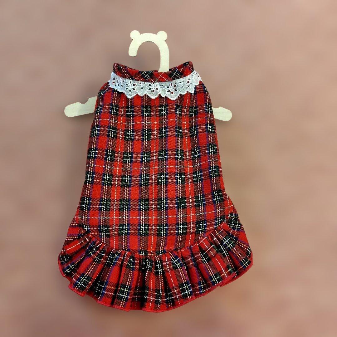 犬服 No.168 スコットチェック赤わんぴ ハンドメイドSale品