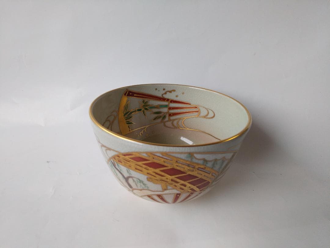 京焼 松香窯 加藤松香 作 仁清 扇面流し 共箱 茶道具 抹茶碗 新品 未使用