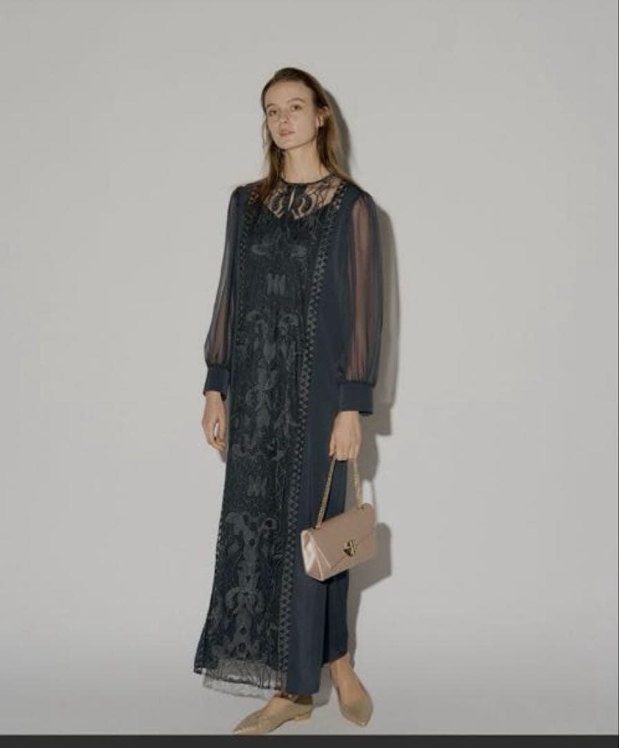 L'ERURE Jacquard lace pencil dress ネイビー