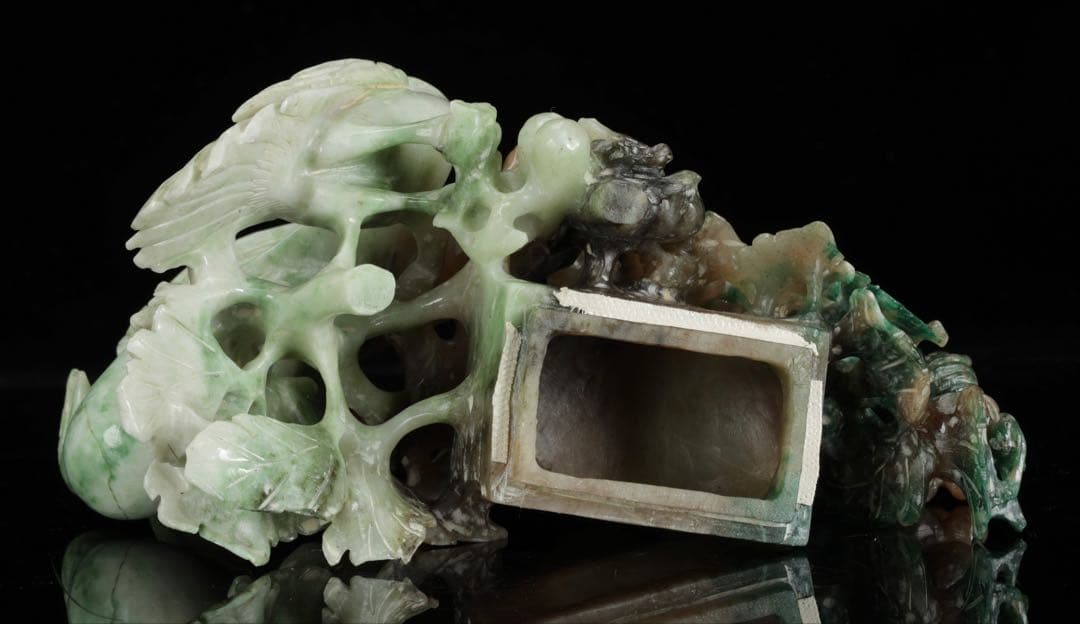 中国古玩 翡翠 玉石 鳥葡萄彫刻 960g 置物 唐物 細密彫刻 天然石