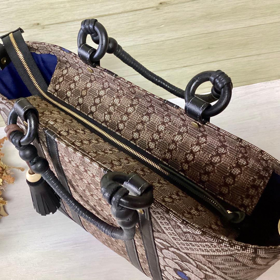 龍郷 大島紬 ×本革 着物リメイク トートバッグ 和装バッグ ハンドメイド Ａ4