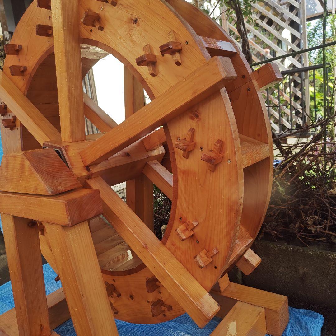 手作り 木製水車 庭園 和風 オブジェ 置物 完動品 90㌢ 水車 30 インチ