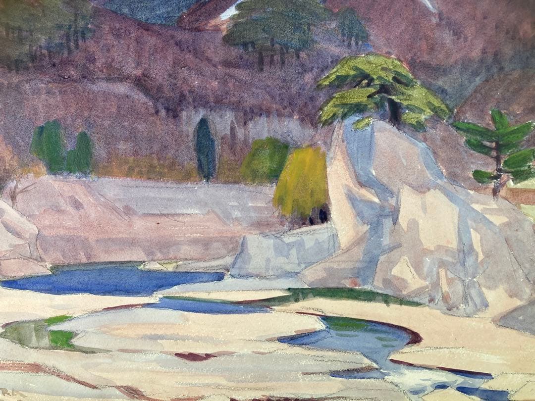 【真作保証】板倉賛治「水上風景」1930年 水彩画 直筆サイン 裏書き有り 絵画