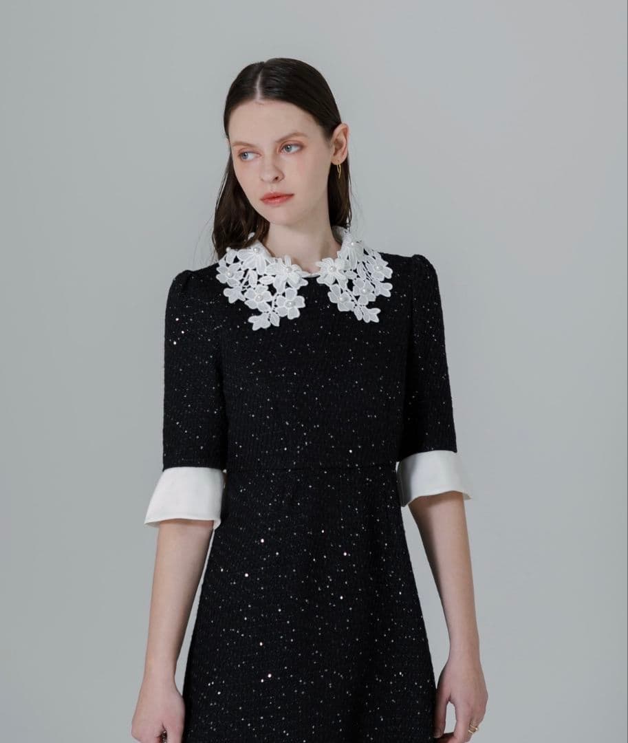 美品✨️Leja 花柄レースカラースパンコール刺繍Aラインフレアドレスワンピース