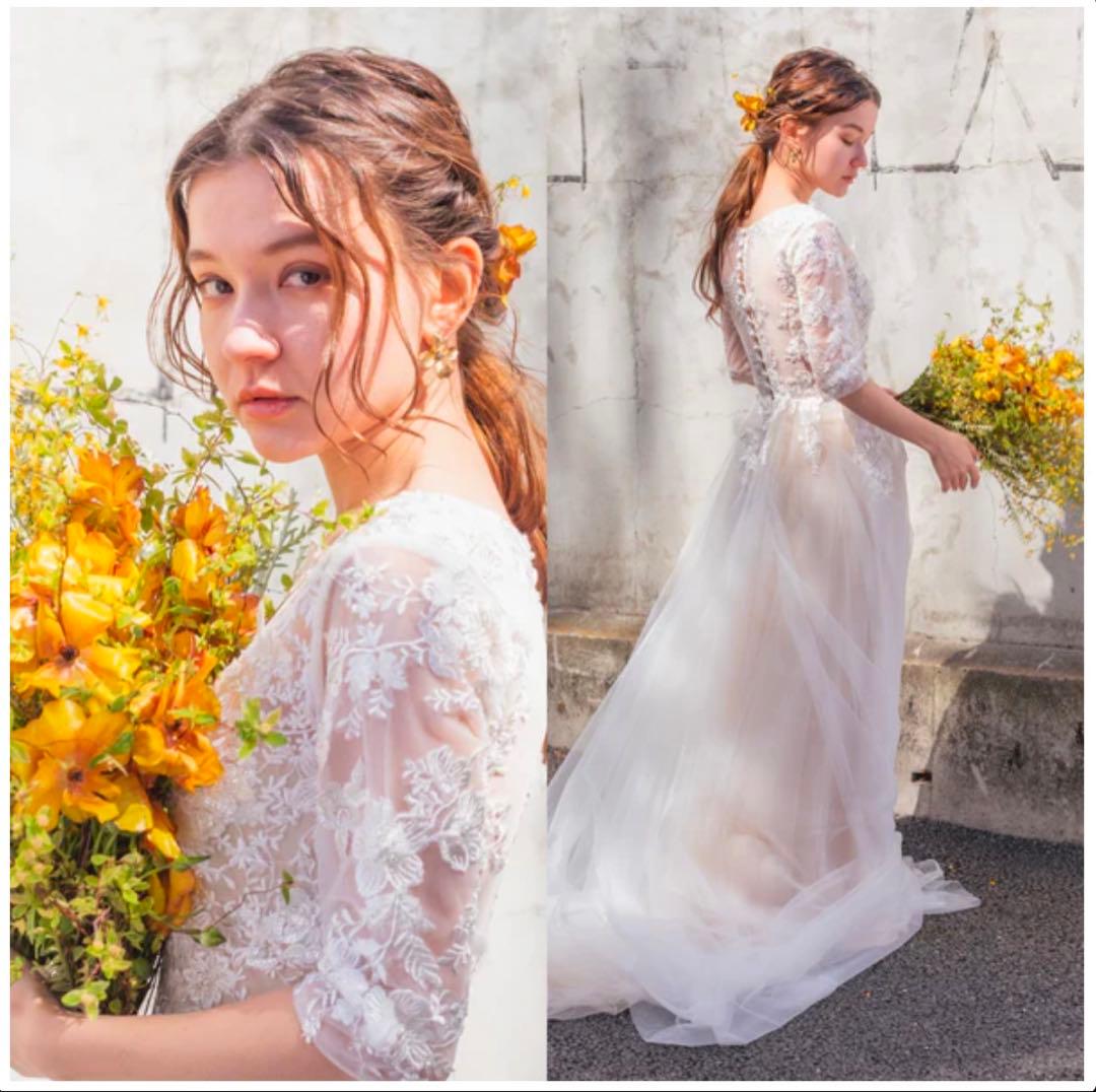 ウェディングドレス フラワーモチーフ刺繍長袖 Aライン