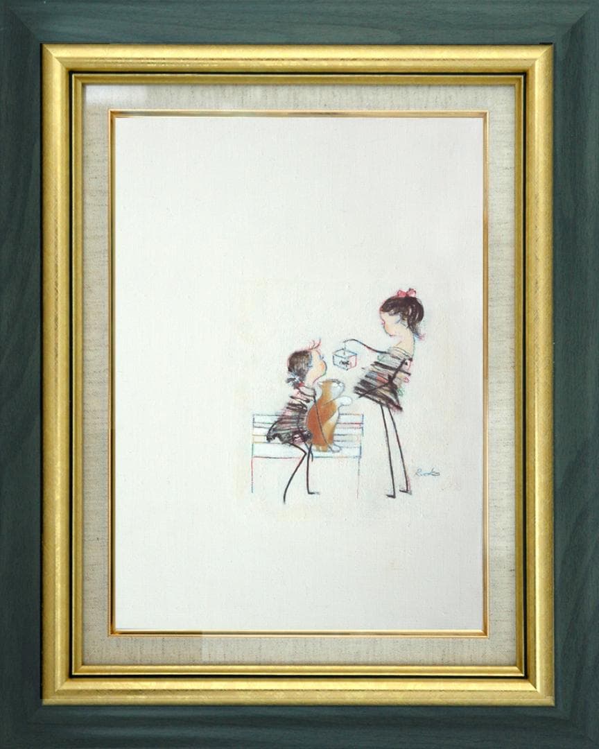 油絵 菅家令子 絵 絵画インテリア額付(銀) F4-030219 子猫子犬女の子